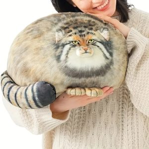 Chubby Manul Cat Plush Pillow with Striped Tail
