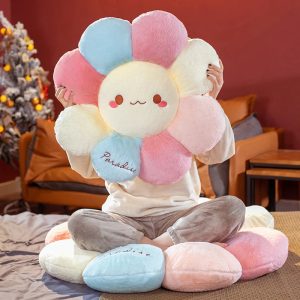 Kawaii Pastel Flower Plush Cushion with Smiley Face