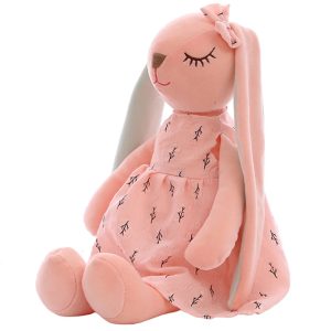 Pink Plush Bunny Doll with Sleepy Eyes & Patterned Dress