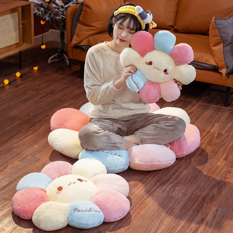 Kawaii Pastel Flower Plush Cushion with Smiley Face - Image 4