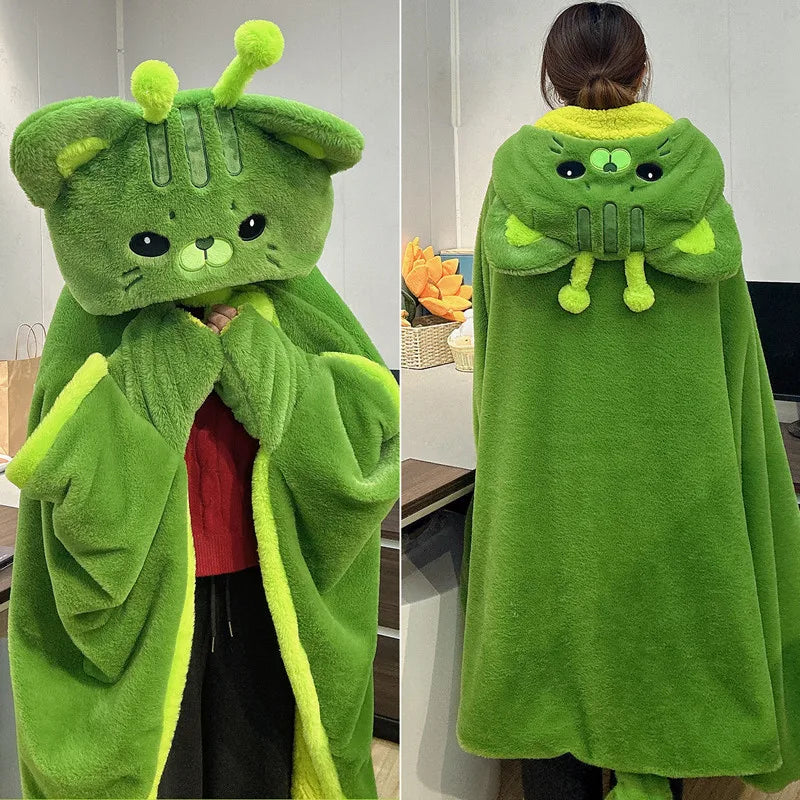 Fuzzy Green Monster Hooded Blanket with Pom-Poms - Image 5