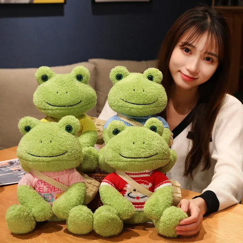 Cute Green Plush Frog with Knitted Sweater & Bag - Image 4
