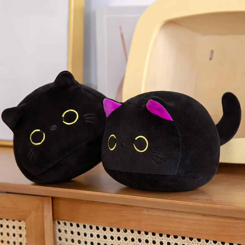 Cute Round Black Cat Plushie with Pink Ears