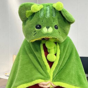 Fuzzy Green Monster Hooded Blanket with Pom-Poms