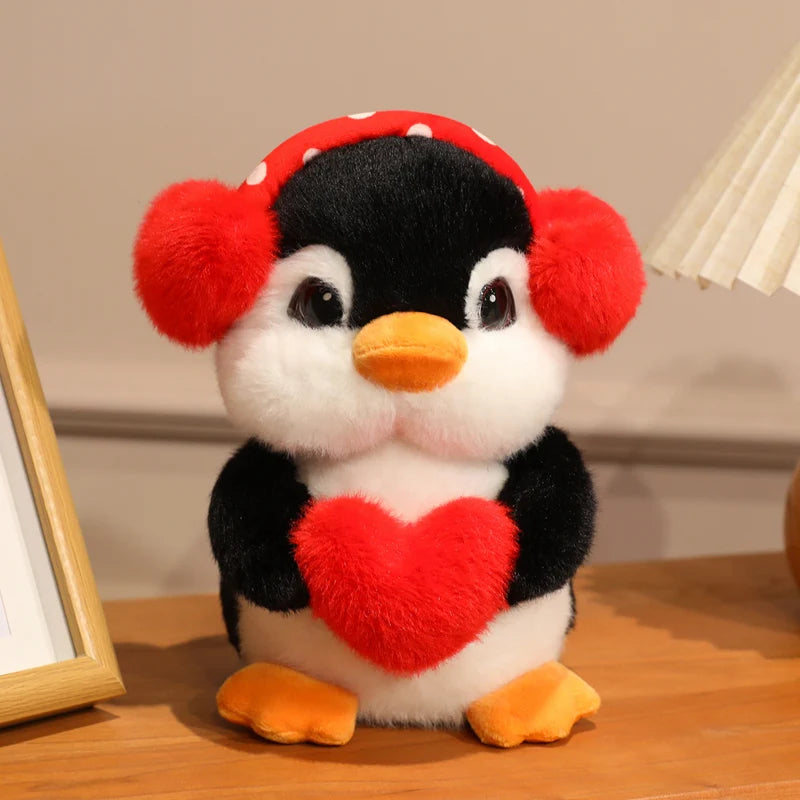 Plush Penguin with Red Polka Dot Earmuffs and Heart - Image 2