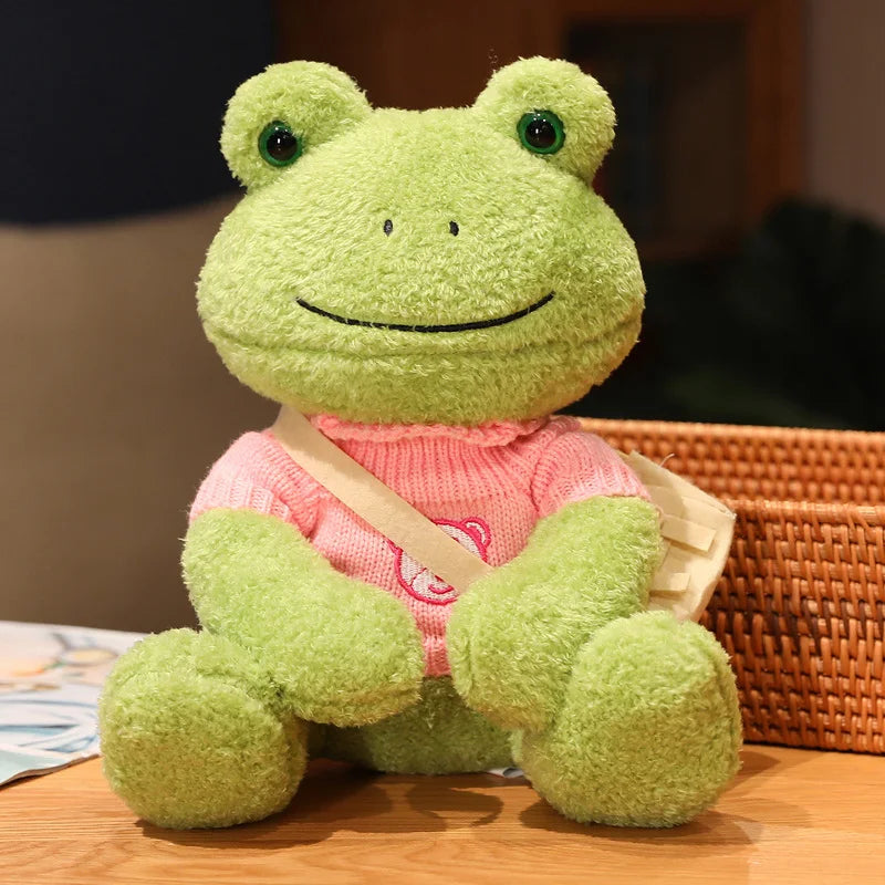Cute Green Plush Frog with Knitted Sweater & Bag - Image 20
