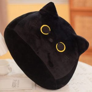 Squishy Black Cat Plush Pillow with Yellow Eyes