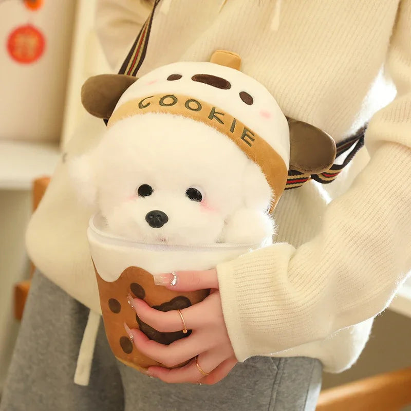 Cute White Dog Bubble Tea Plush Crossbody Bag with Cookie - Image 6
