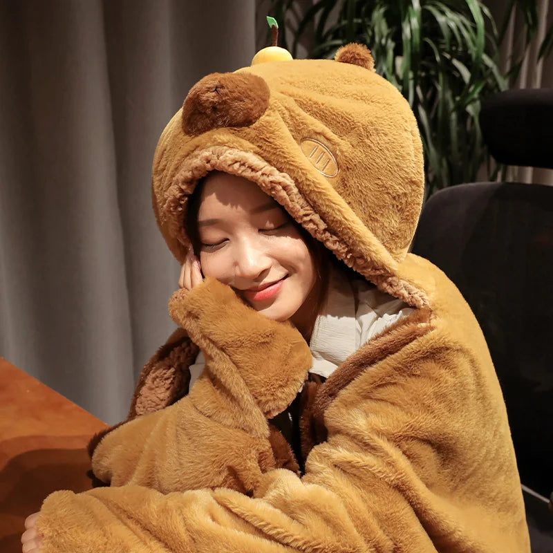 Brown Capybara Plush Animal Hood with Scarf & Paws - Image 2
