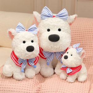 White Fluffy Dog Plush Toy with Sailor Bows