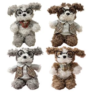 Curly Plush Dog with Round Glasses and Outfit