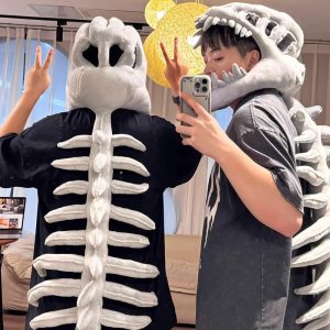 Light Gray Plush Skeleton Head & Spine Hood