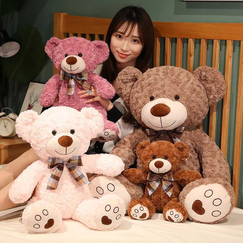 Deep Pink Plush Teddy Bear with Plaid Bow Tie - Image 2