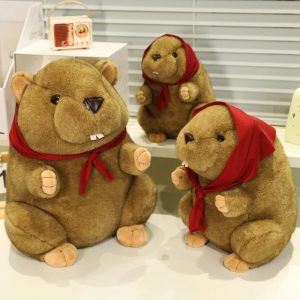 Cute Brown Plush Beaver with Red Babushka Scarf
