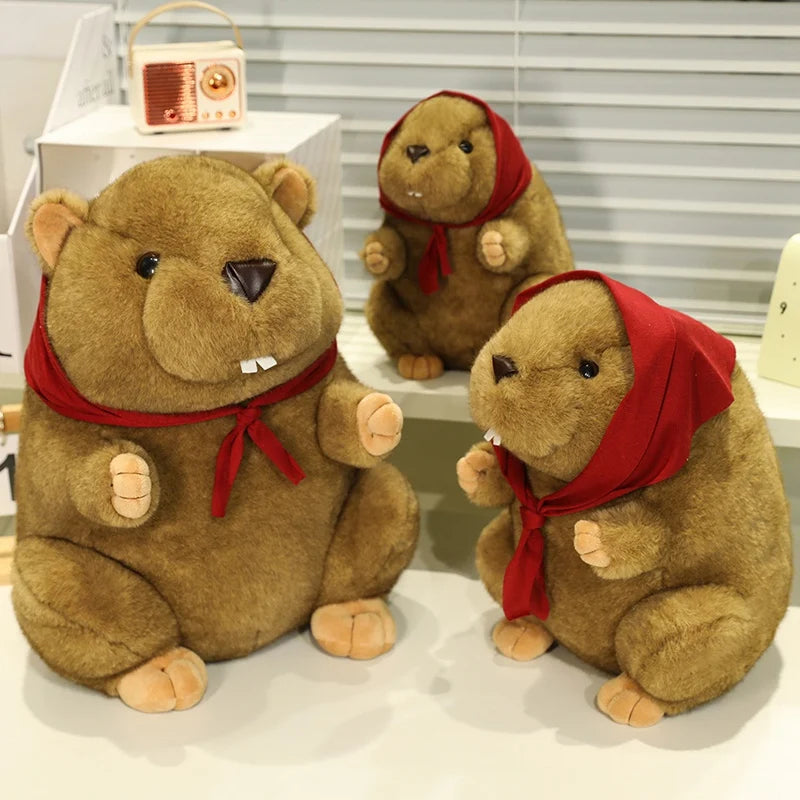 Cute Brown Plush Beaver with Red Babushka Scarf