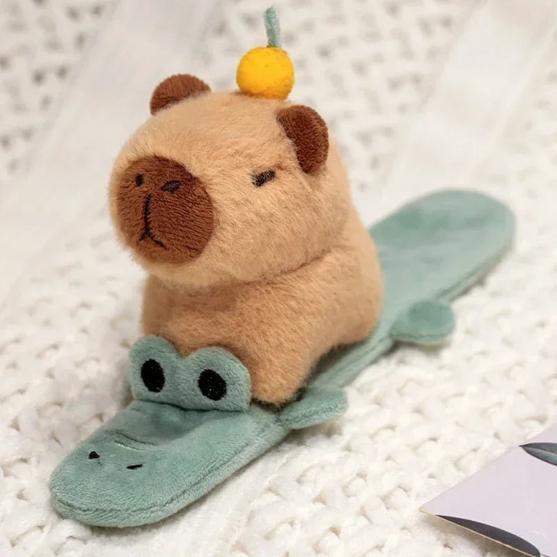 Plush Beige Capybara on Green Frog Slap Bracelet - Image 6