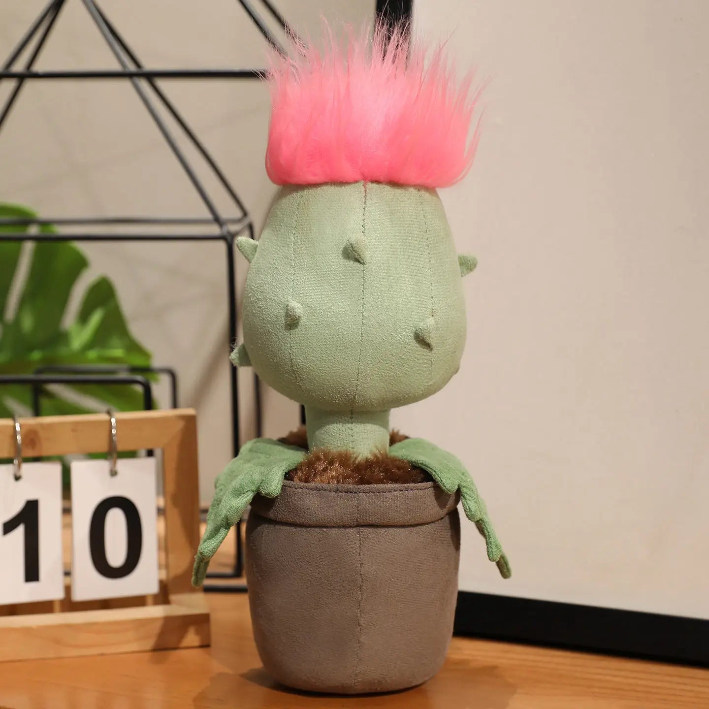 Potted Green Plush Plant with Pink Spiky Hair - Image 4