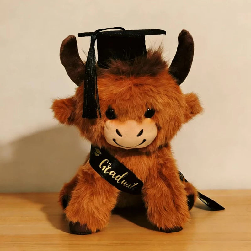 Fluffy Brown Ox Graduation Plush with Cap - Image 6