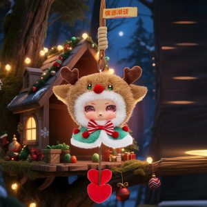 Cute Reindeer Plush Keychain with Green Cape & Heart