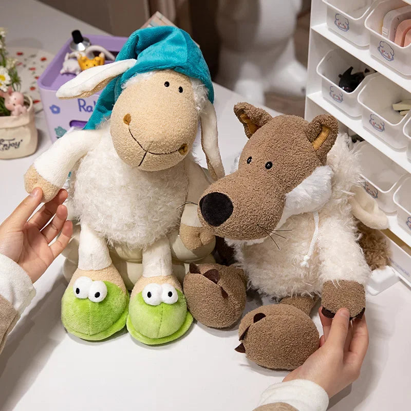 Beige Sheep Plush Toy in Teal Cap and Frog Slippers - Image 4