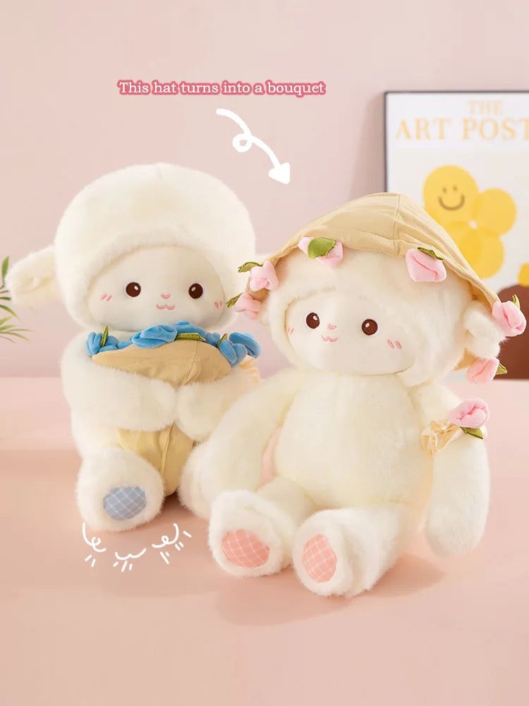 Cream Plush Toy with Floral Bouquet Hat