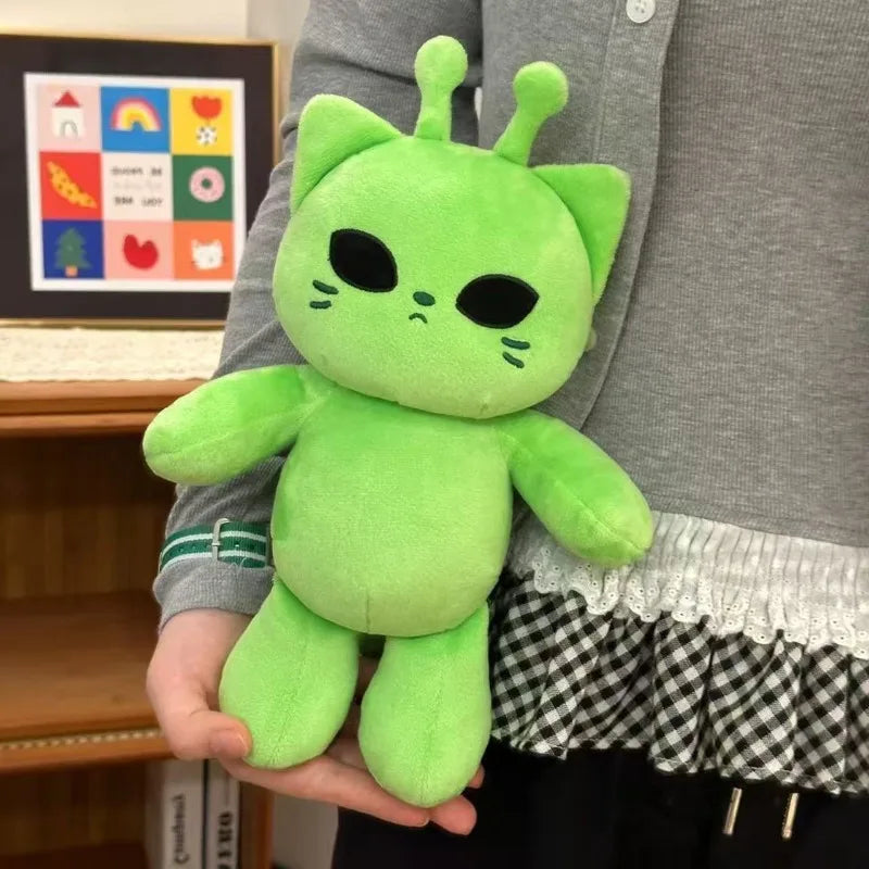 Grumpy Green Alien Cat Plush with Antennae - Image 2