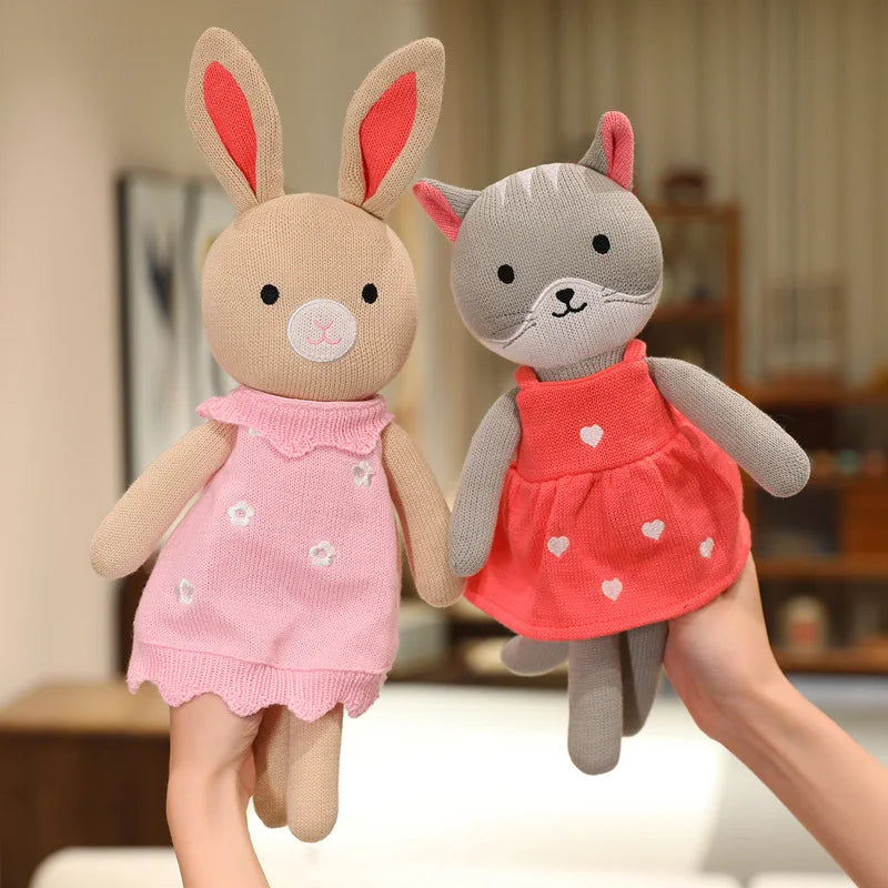 Cute Beige Knitted Bunny Plush with Pink Floral Dress - Image 4