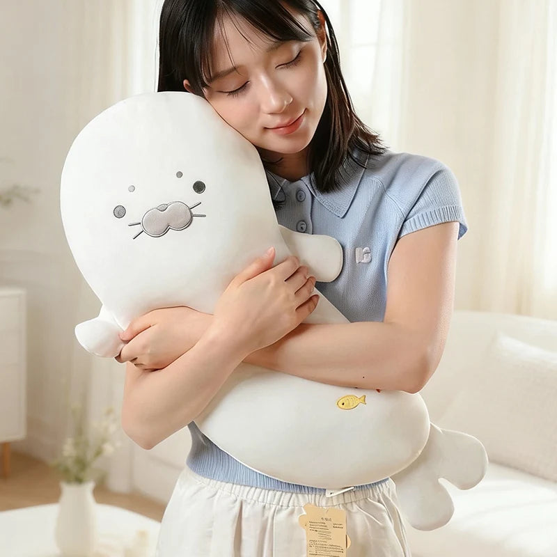 Cute White Seal Plush with Embroidered Fish - Image 2