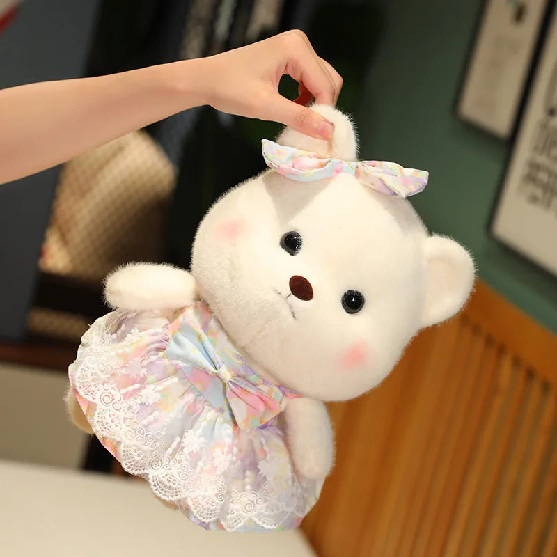Cute Cream Plush Bear in Pink Polka Dot Dress - Image 5