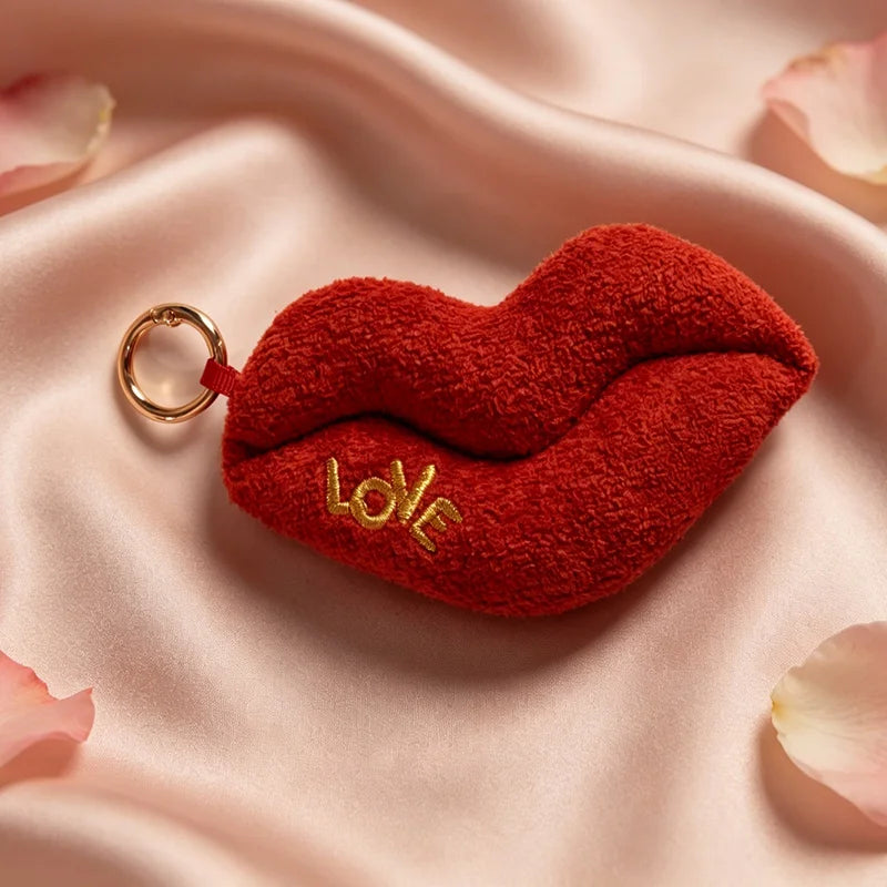 Red Plush Lips Keychain with Gold LOVE Detail - Image 9
