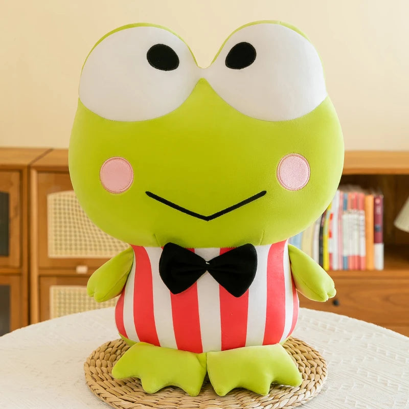 Cute Green Frog Plush in Red Striped Shirt and Bow Tie