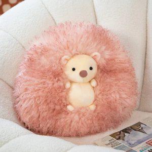 Rose Pink Fluffy Round Cushion with Cream Bear