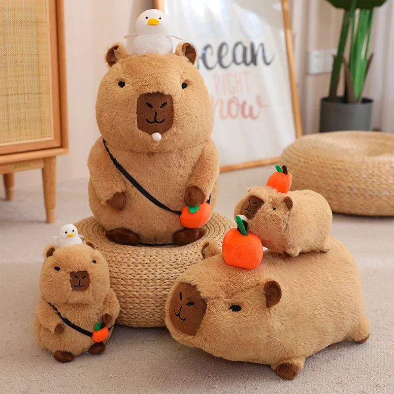 Soft Capybara Plush Toy with Bird & Orange Fruit