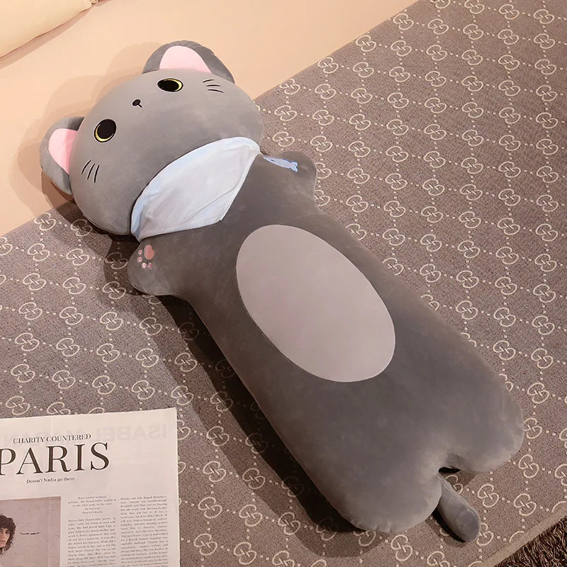 Soft Grey Plush Cat Body Pillow with Scarf - Image 9