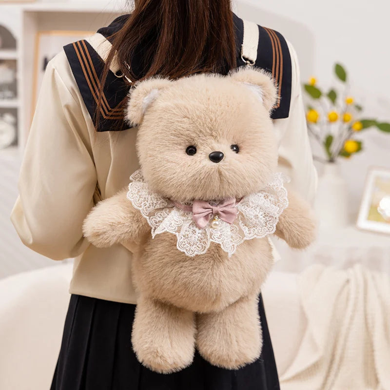 Kawaii Beige Plush Bear Shoulder Bag with Lace - Image 2