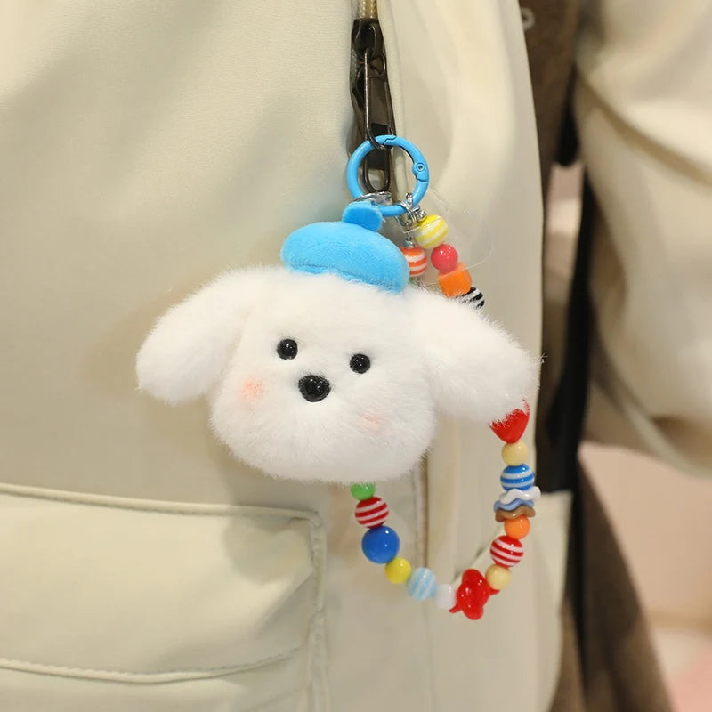 Fluffy White Dog Plush Phone Charm with Beaded Strap - Image 4