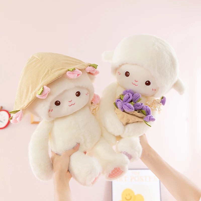 Cream Plush Toy with Floral Bouquet Hat - Image 4