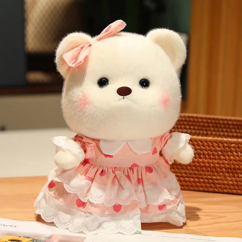 Cute Cream Plush Bear in Pink Polka Dot Dress - Image 11
