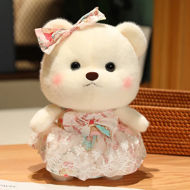 Cute Cream Plush Bear in Pink Polka Dot Dress - Image 7