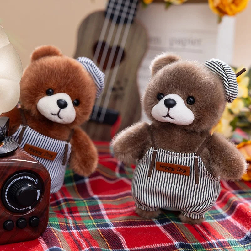 Plush Bear Keychain with Striped Overalls and Hat - Image 2