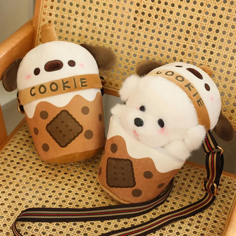 Cute White Dog Bubble Tea Plush Crossbody Bag with Cookie - Image 4