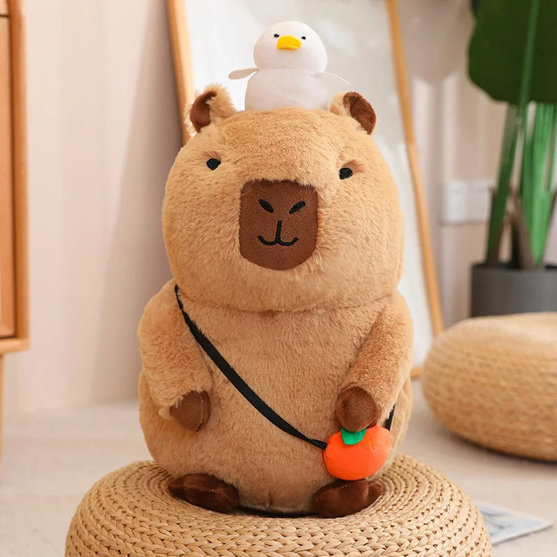 Soft Capybara Plush Toy with Bird & Orange Fruit - Image 10