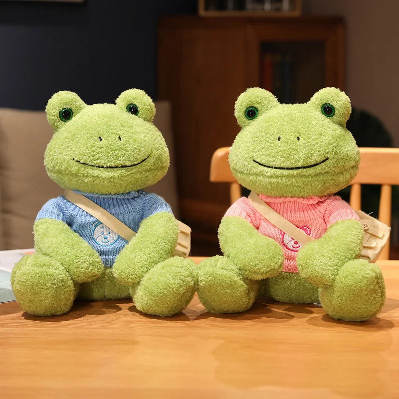Cute Green Plush Frog with Knitted Sweater & Bag - Image 6