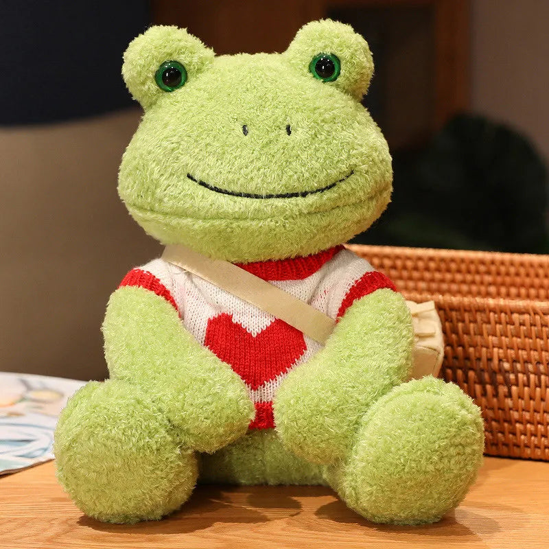 Cute Green Plush Frog with Knitted Sweater & Bag - Image 15