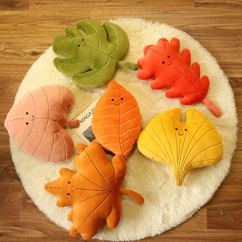 Cute Leaf Plush Pillow with Happy Faces