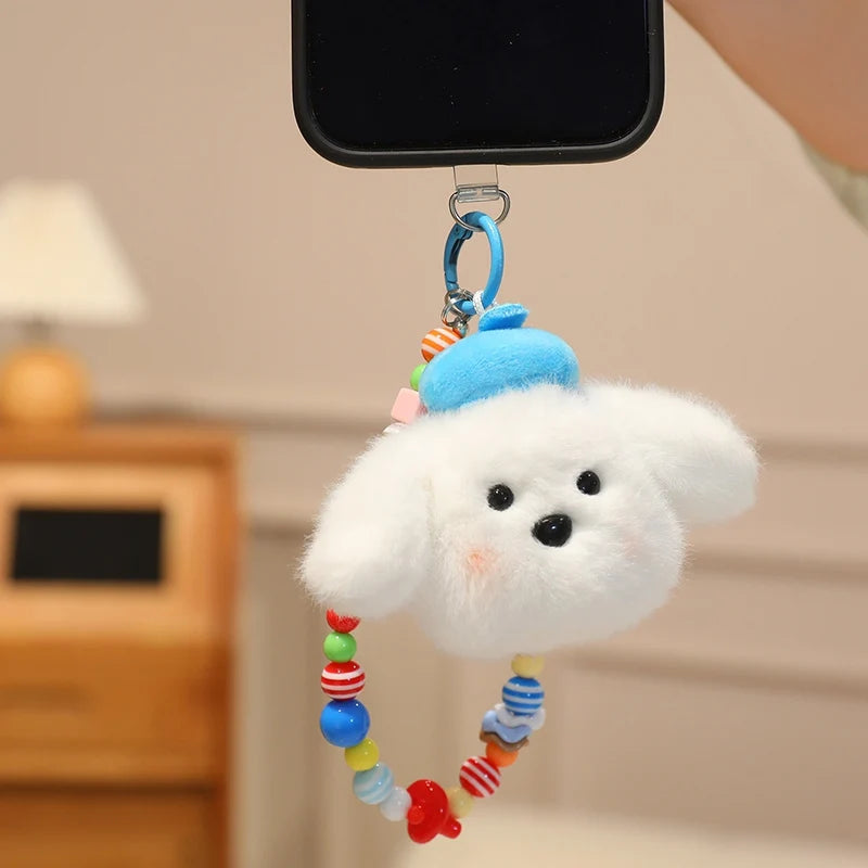 Fluffy White Dog Plush Phone Charm with Beaded Strap - Image 8