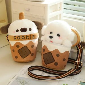 Cute White Dog Bubble Tea Plush Crossbody Bag with Cookie