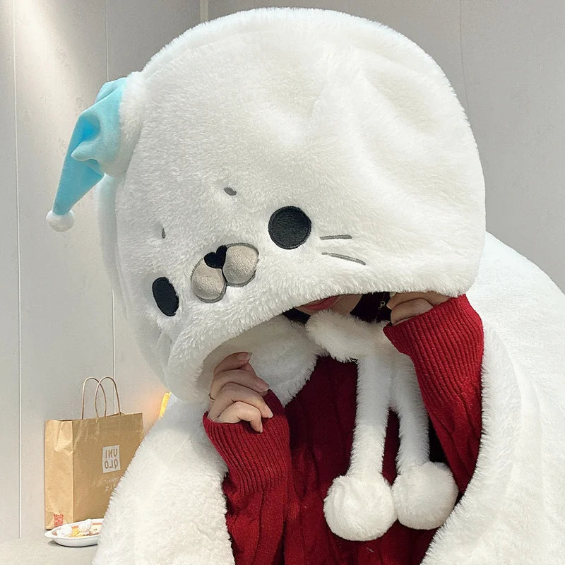 Cute White Plush Seal Hoodie with Blue Fin - Image 3