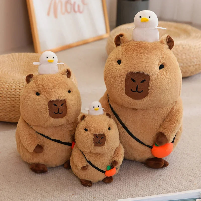 Soft Capybara Plush Toy with Bird & Orange Fruit - Image 3