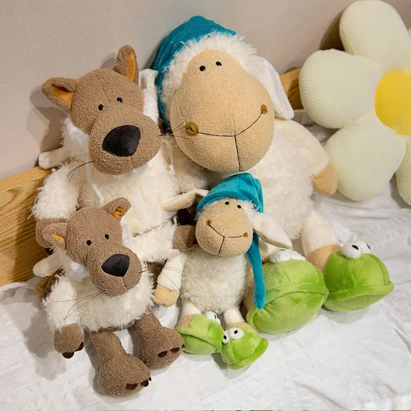 Beige Sheep Plush Toy in Teal Cap and Frog Slippers - Image 2